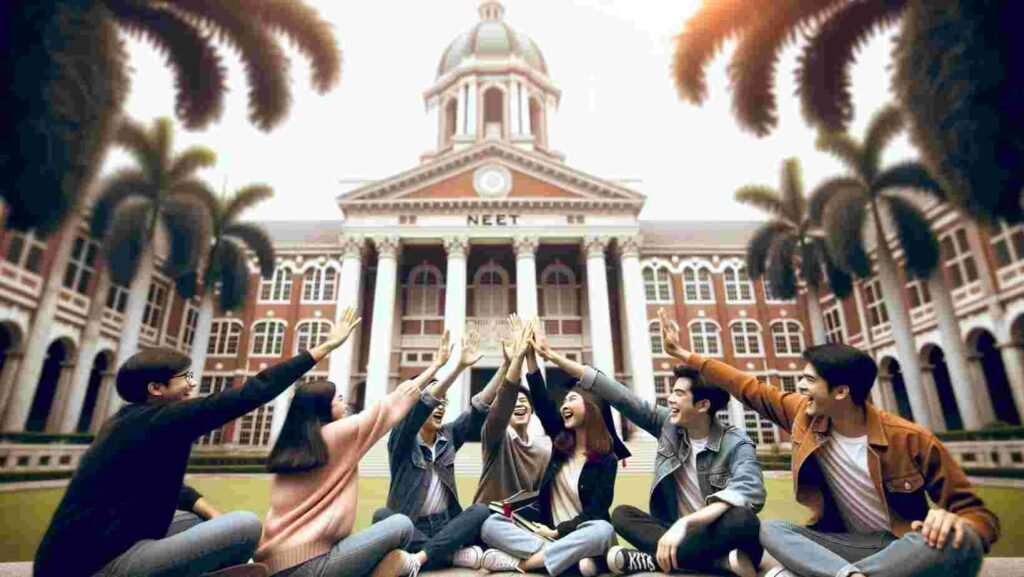 students celebrating in front of a college building