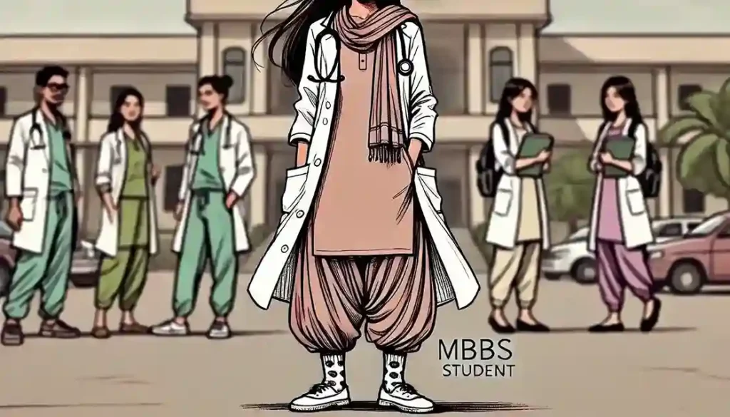 MBBS student wearing long kurtis with loose palazzos and a three-pinned dupatta 